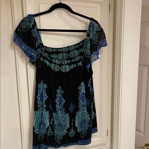 INC International Concepts Black Blouse with Blue Floral Design